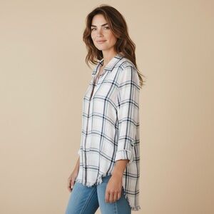 Anthropologie Cloth & Stone Plaid Fringe Button Down Lightweight Top Pink Sz M